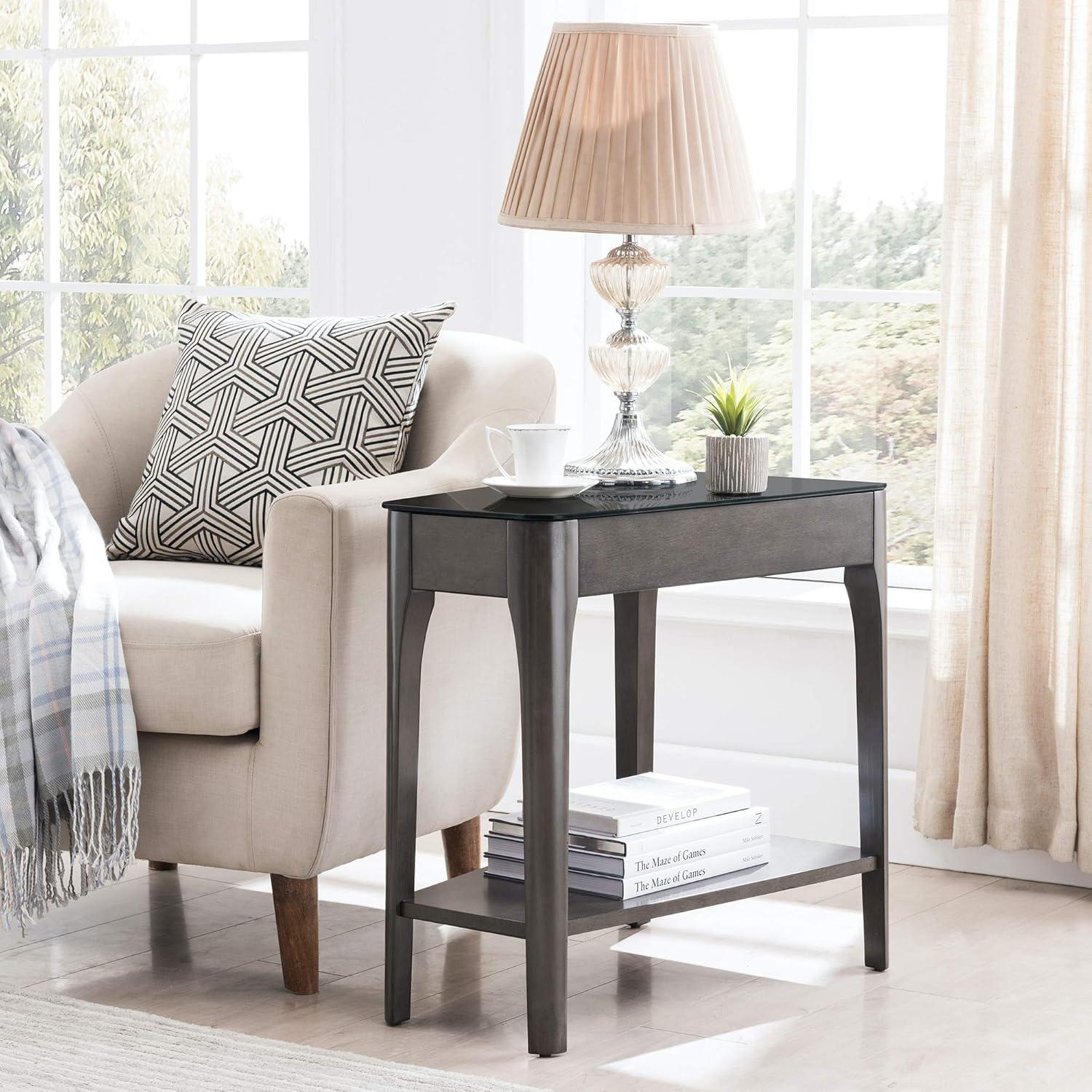 imageLeick Home Slate End Table Solid Wood Narrow Wedge Shape Slate Tile Insets Bottom Display Shelf EasyAssembly Rustic Oak 235 in L x 17 in W x 24 in H 10056Burnished Smoke Gray