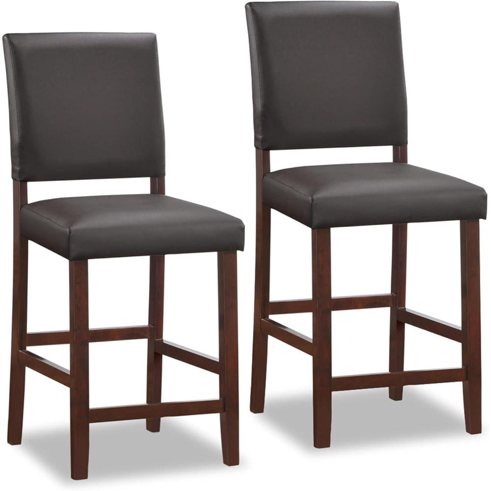 imageBrax Upholstered Back Counter Height Stools Set of 2 Ebony Faux Leather Seat Brown Solid Wood Base Comfortable Modern Bar Stools for Kitchen Counters and Islands Leick Home 10086CPEB