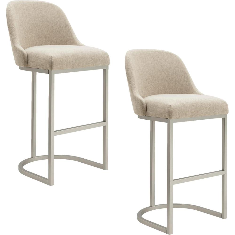 imageLeick Home 10133PWOL Barrelback Bar Stool with Metal Base Set of 2 for Elevated Kitchen Counters High Top Tables and Bars Modern Oatmeal Linen Seat and Pewter Metal Base