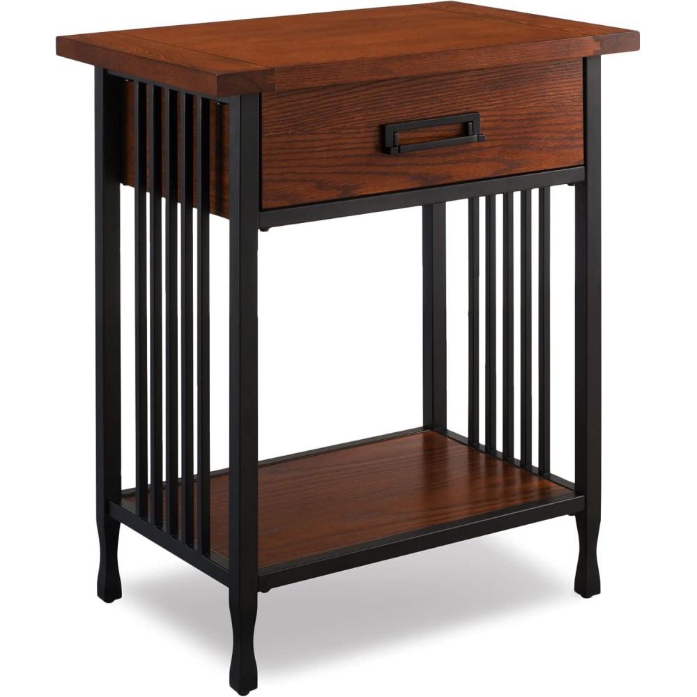 imageLeick Home 11222 Ironcraft Solid Wood Nightstand with Drawer and Shelf Mission Oak Brown and Black Metal Perfect for Bedrooms Living Rooms and Small SpacesMission Oak