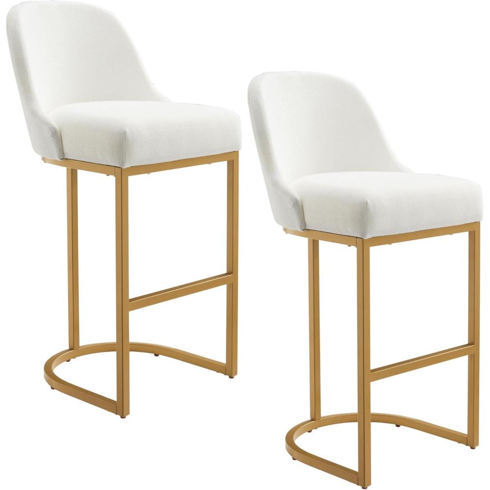 imageLeick Home 214403 Barrelback Bar Stool with Metal Base Set of 2 for Elevated Kitchen Counters High Top Tables and Bars Modern White Linen Seat and Gold Metal Base
