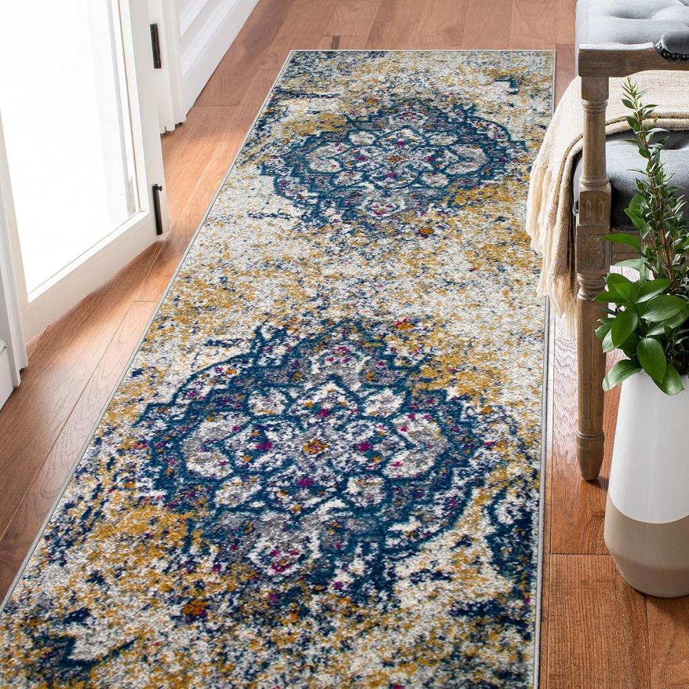 imageLeick Home 596353 Allerick Runner Vintage Monochromatic Abstract Gray Living Room Bedroom Dining Room Area Rug Runner 22 x 10NavyGold