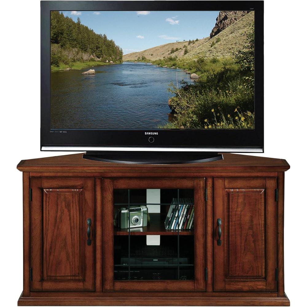 imageLeick Home 84388 Two Door Corner TV Stand with Open Center Storage and Metal Base for 62 TVs Smoke Gray WashPewterGreyBurnished Oak Black