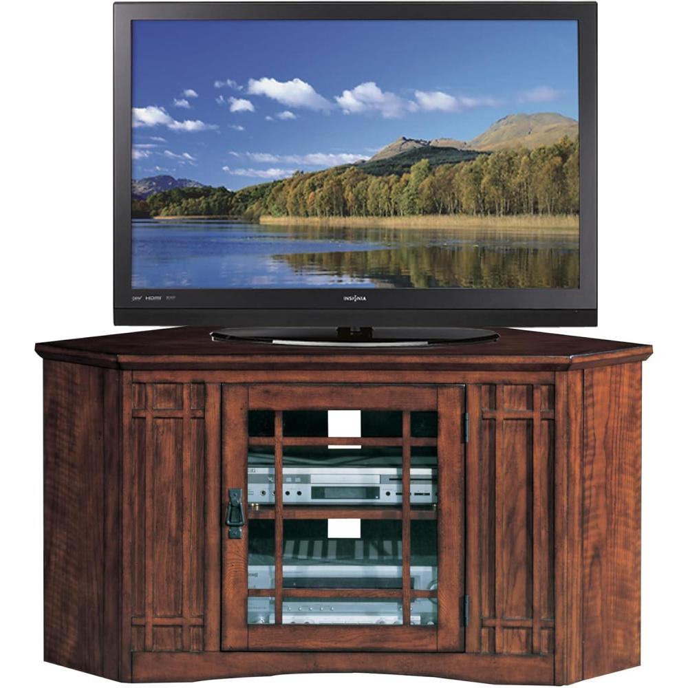 imageLeick Home 84388 Two Door Corner TV Stand with Open Center Storage and Metal Base for 62 TVs Smoke Gray WashPewterGreyMission Oak Blackened