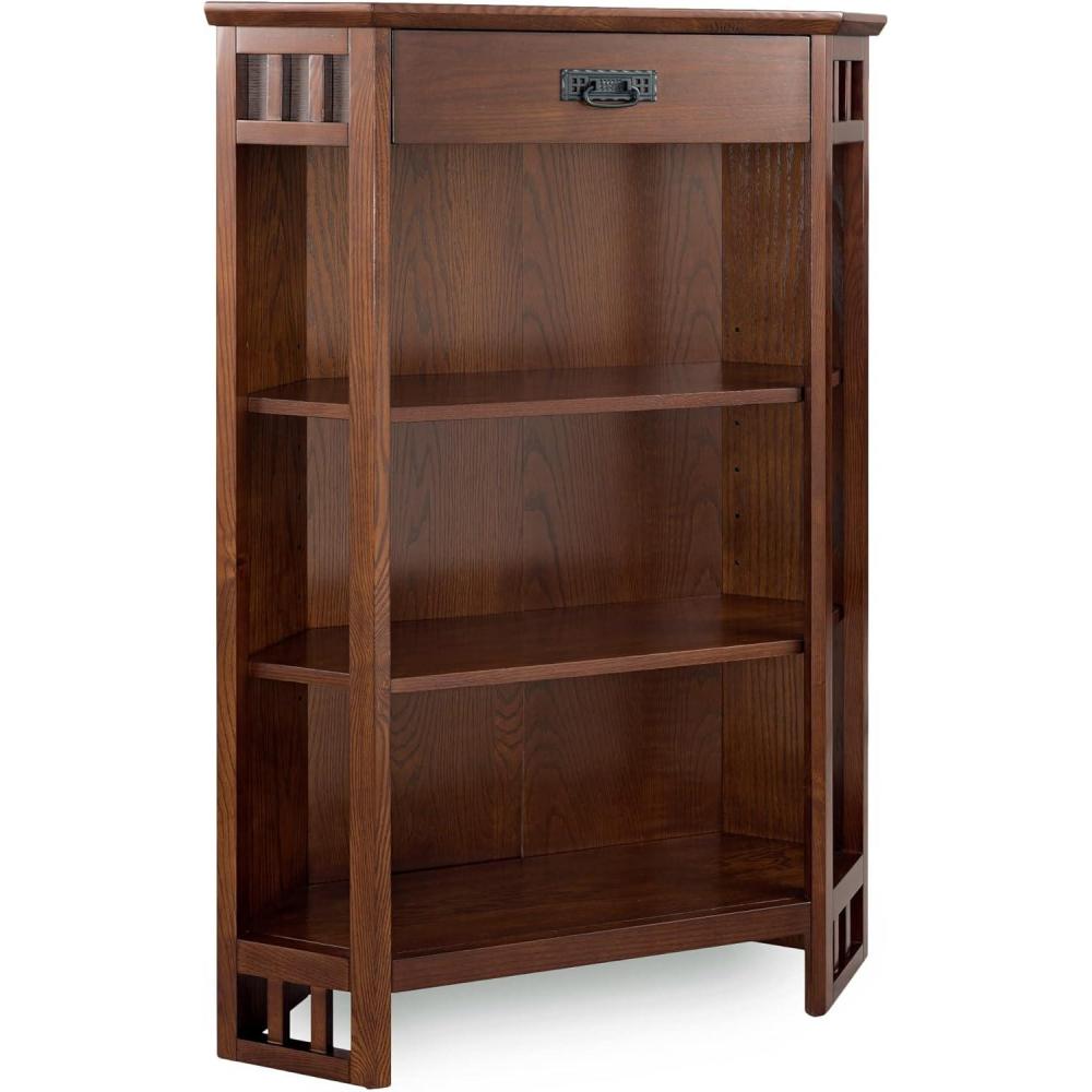 imageLeick Home Mission Impeccable Bookshelf Solid Wood 2 Drawers 2 Shelves Slatted Sides Blackened Hardware Easy Assembly Russet Brown 12 in D x 34 in W x 30 in H Item 8261Mission Oak  Blackened