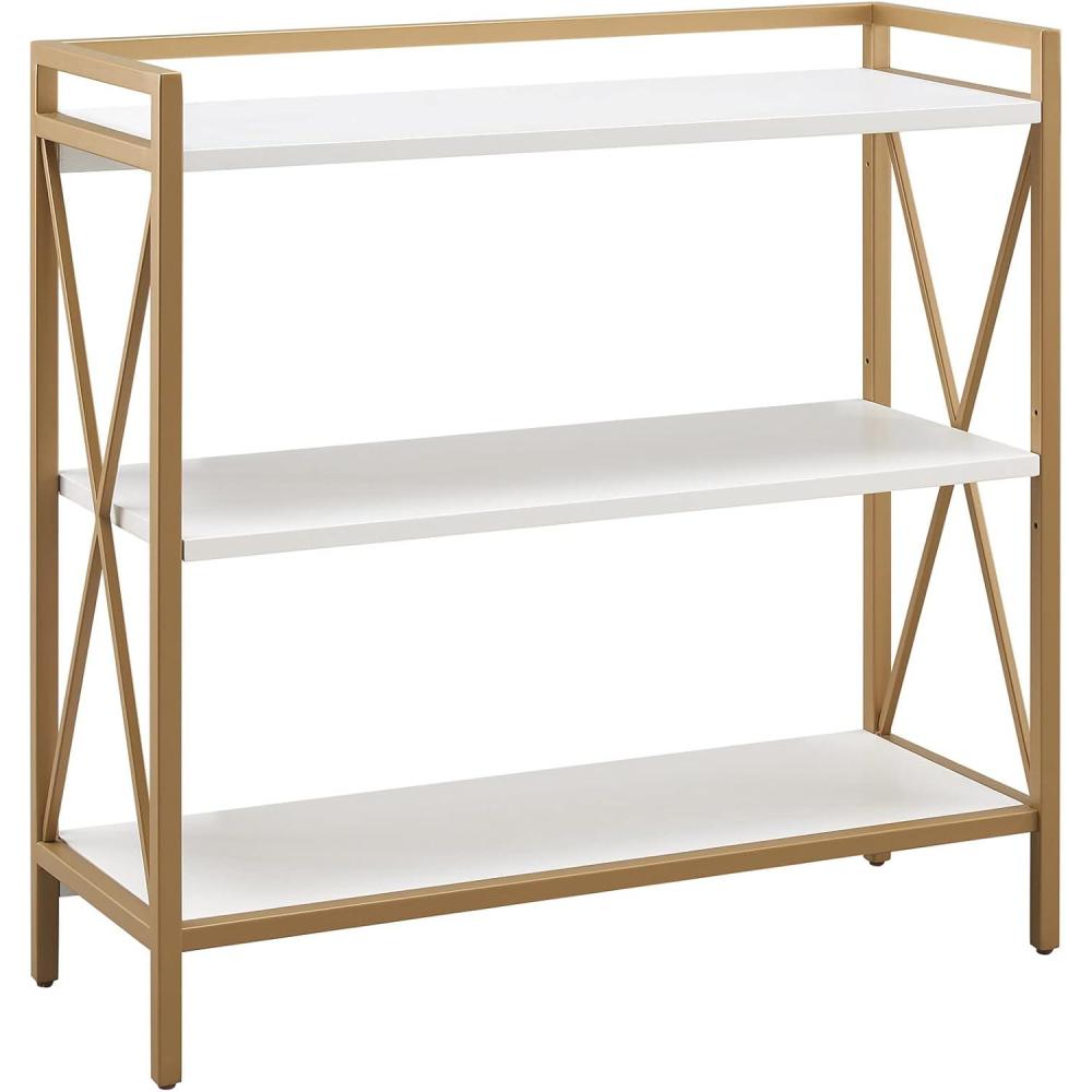 imageLeick Home Mission Impeccable Bookshelf Solid Wood 2 Drawers 2 Shelves Slatted Sides Blackened Hardware Easy Assembly Russet Brown 12 in D x 34 in W x 30 in H Item 8261White  Gold
