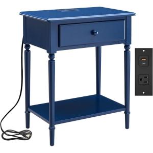 Leick Home 11222 Ironcraft Solid Wood Nightstand with Drawer and Shelf, Mission Oak Brown and Black Metal, Perfect for Bedrooms, Living Rooms, and Small Spaces(Navy)