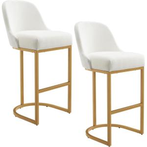 Leick Home 214403 Barrelback Bar Stool with Metal Base, Set of 2, for Elevated Kitchen Counters, High Top Tables, and Bars, Modern White Linen Seat and Gold Metal Base