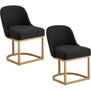 Leick Home 214536 Barrelback Dining Chair with Metal Base, Set of 2, for Dining Room, Modern Black Linen Seat and Gold Metal Base
