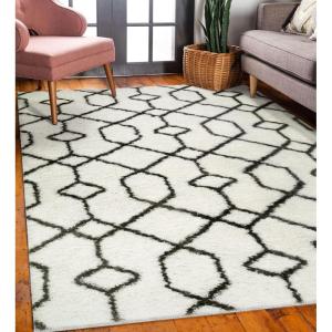 Leick Home 594465 Rixelle Soft Shag Geo Modern Rug Ivory/Charcoal Living Room Bedroom Area Rug Rectangle 3’9″ x 5’9″(6’7″ x 9’6″ (Rectangular))