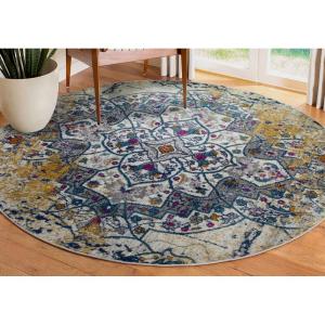 Leick Home 596106 Oryn Vintage Multicolor Medallion Boho Chic Living Room Bedroom Area Rug 5’3″ Round(Navy/Gold)