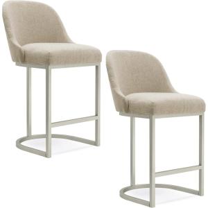 Leick Home Barrelback Counter Stool Set of 2, Counter Height, Upholstered Beige Linen Cushion, Silver Metal Base, Easy Assembly, 20.75 in L x 23.25 in W x 38.5 in H, Item 214528