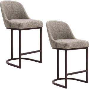 Leick Home Barrelback Counter Stool Set of 2, Counter Height, Upholstered Gray Linen Cushion, Brown Metal Base, Easy Assembly, 20.75 in L x 23.25 in W x 38.5 in H, Item 214528