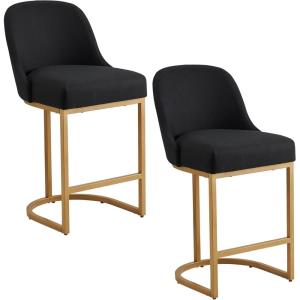 Leick Home Barrelback Counter Stool Set of 2, Counter Height, Upholstered Linen Cushion, Black & Gold, Metal Base, Easy Assembly, 20.75 in L x 23.25 in W x 38.5 in H, Item 214528