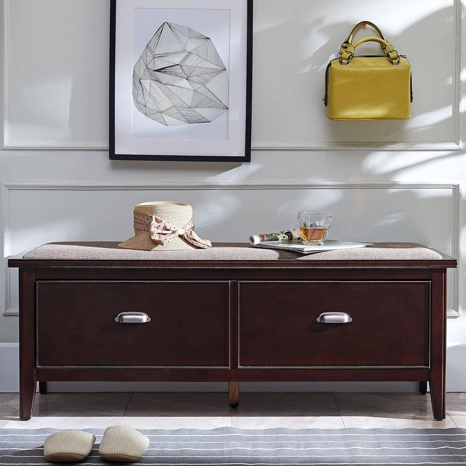 imageLeick Home 10523 Laurent Drop Front Entryway Bench with Upholstered Seat Chocolate CherryGreige