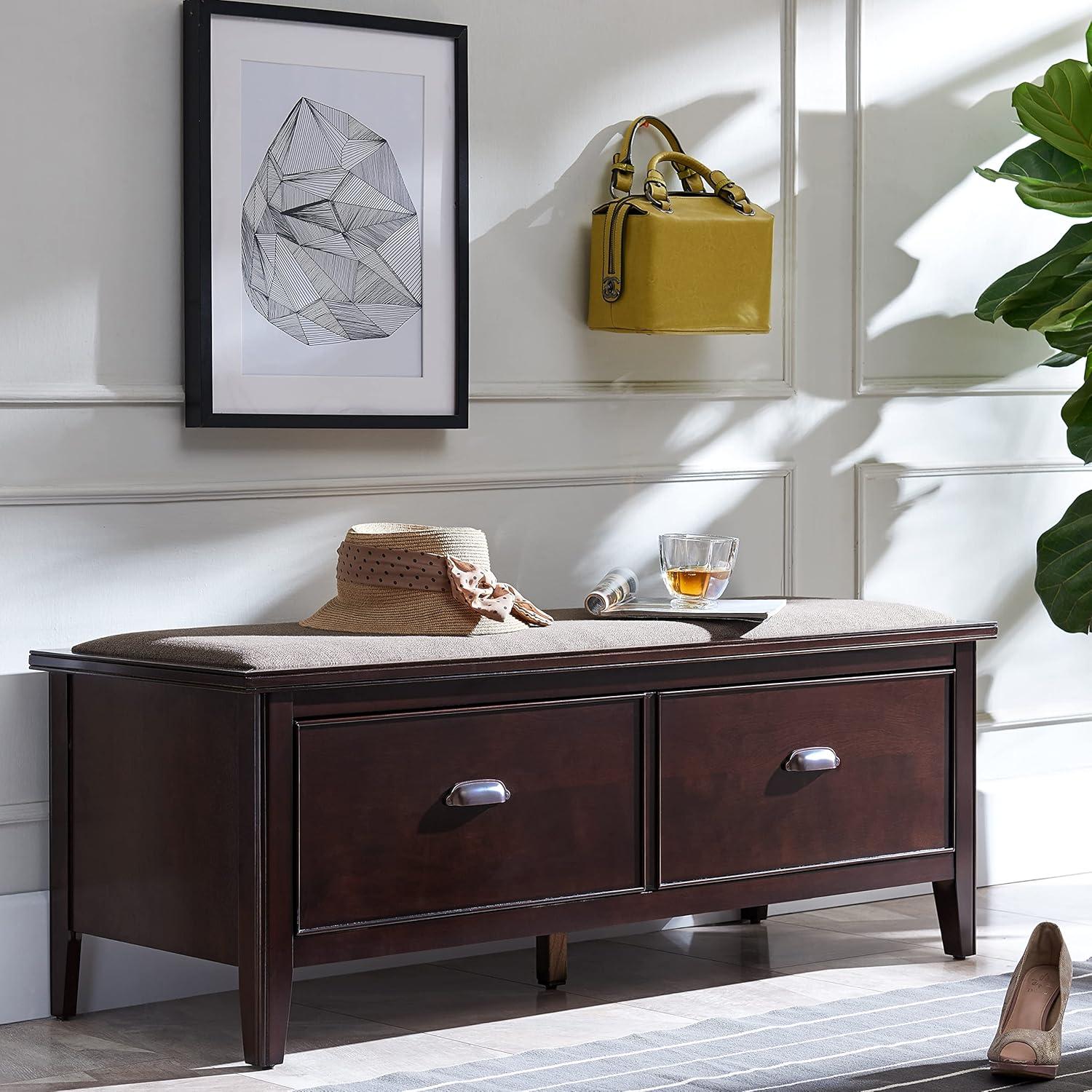 imageLeick Home 10523 Laurent Drop Front Entryway Bench with Upholstered Seat Chocolate CherryGreige