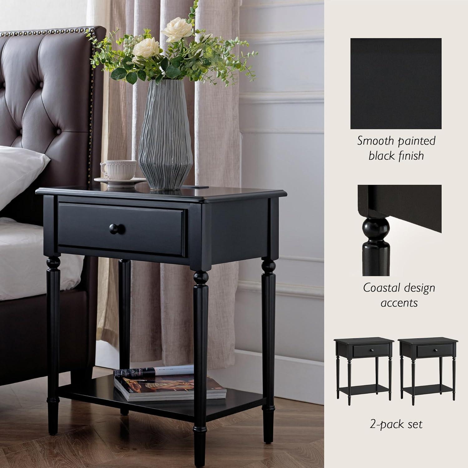 imageLeick Home 214445 Coastal Nightstand One Drawer Side Table with USBC Fast Charging Station ACUSB Charger and Shelf 2Pack Swan BlackSwan Black