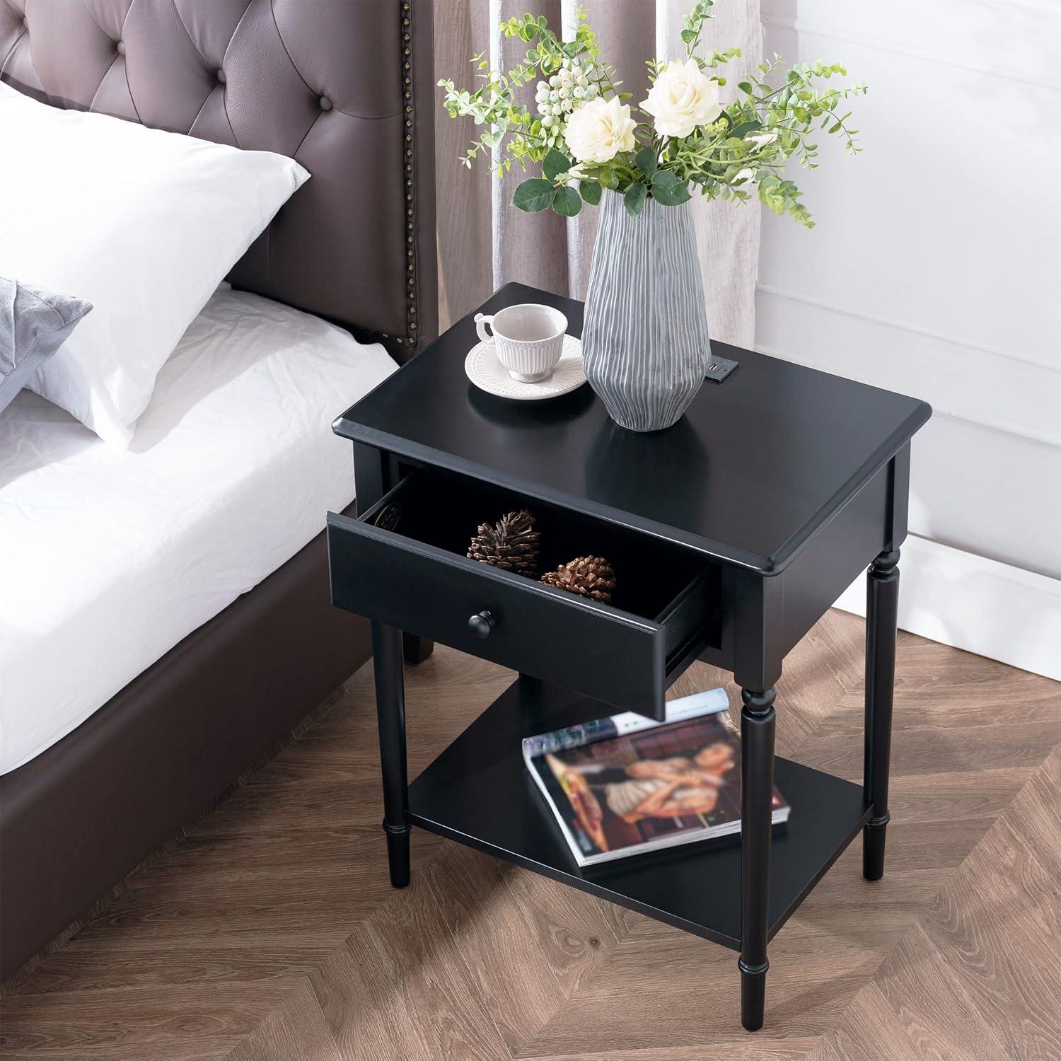 imageLeick Home 214445 Coastal Nightstand One Drawer Side Table with USBC Fast Charging Station ACUSB Charger and Shelf 2Pack Swan BlackSwan Black
