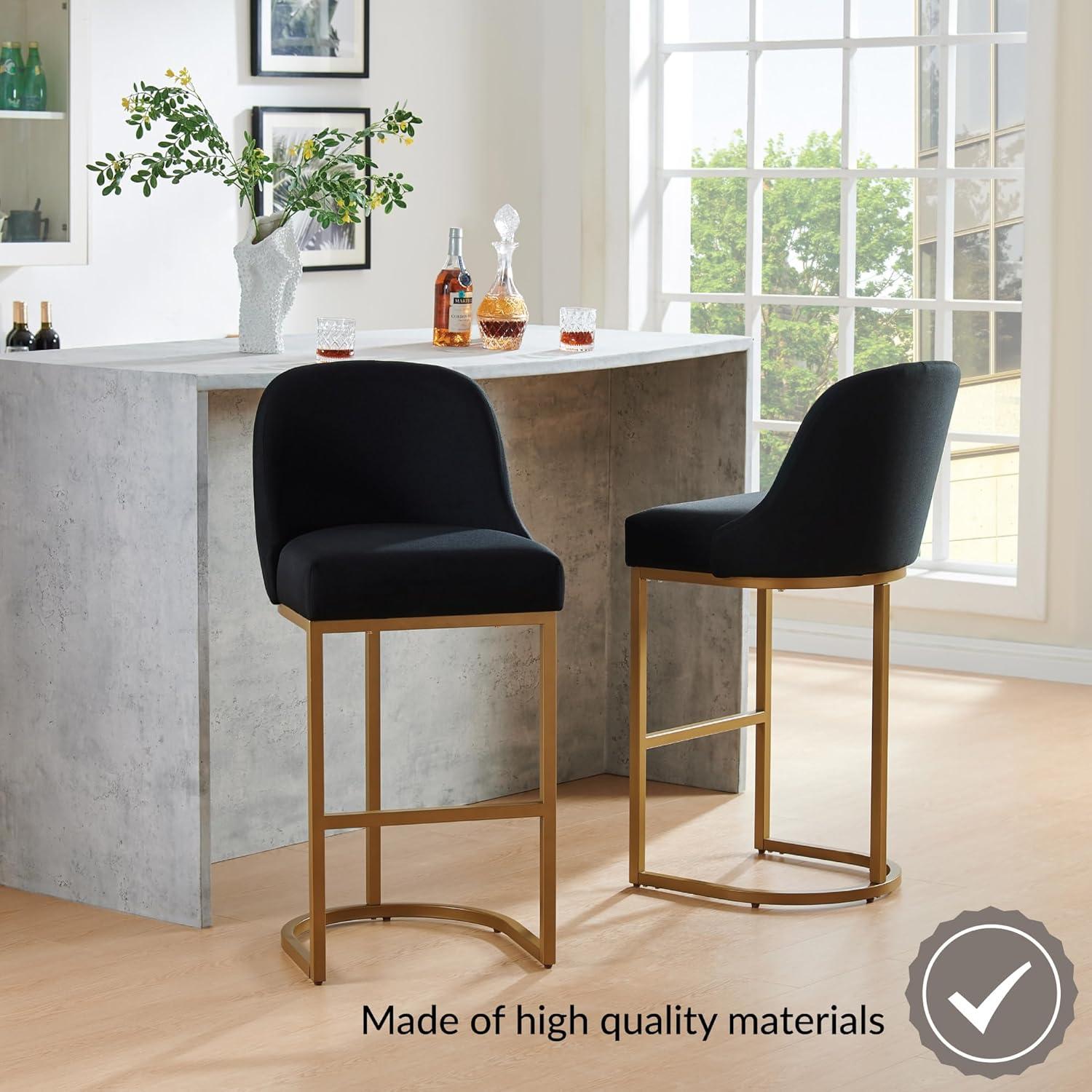 imageLeick Home 214510 Barrelback Bar Stool with Metal Base Set of 2 for Elevated Kitchen Counters High Top Tables and Bars Modern Black Linen Seat and Gold Metal Base