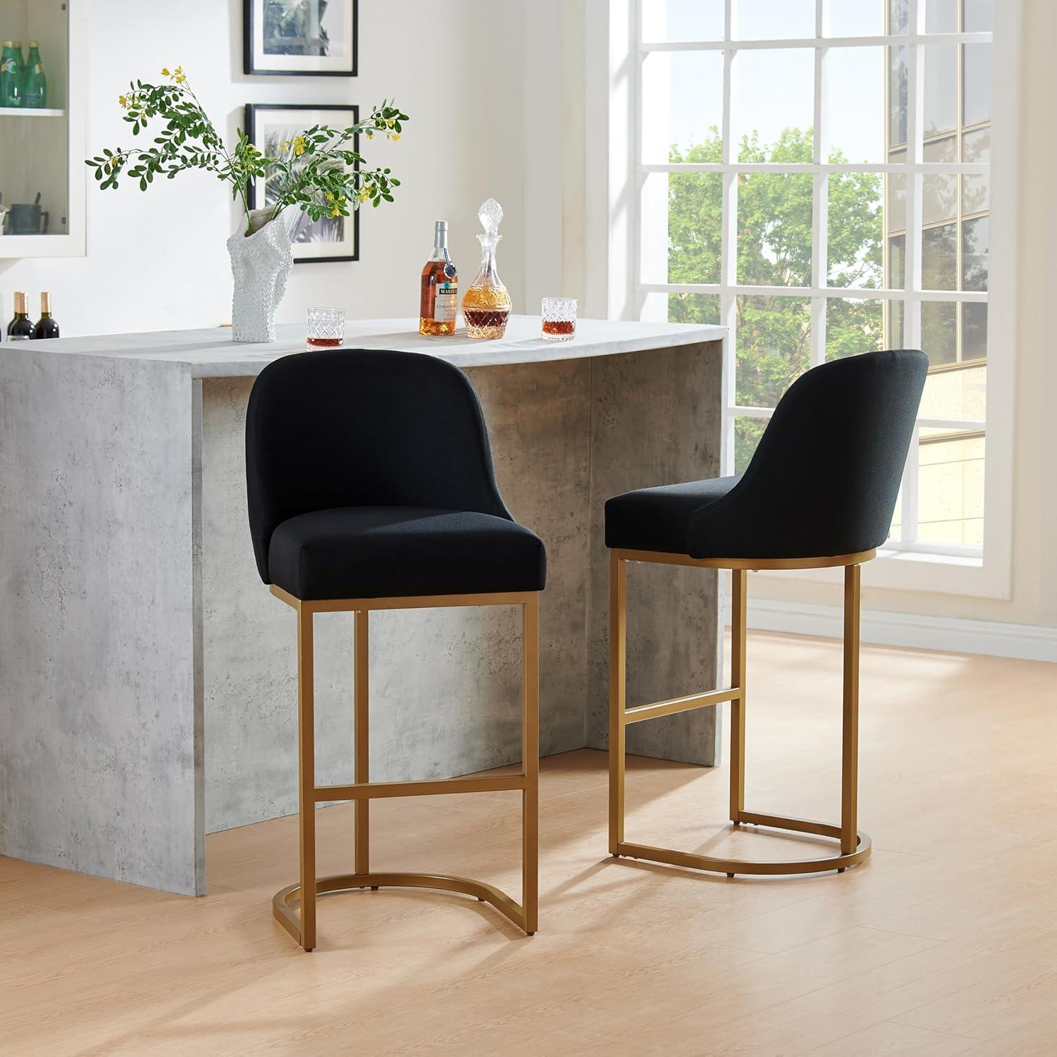 imageLeick Home 214510 Barrelback Bar Stool with Metal Base Set of 2 for Elevated Kitchen Counters High Top Tables and Bars Modern Black Linen Seat and Gold Metal Base