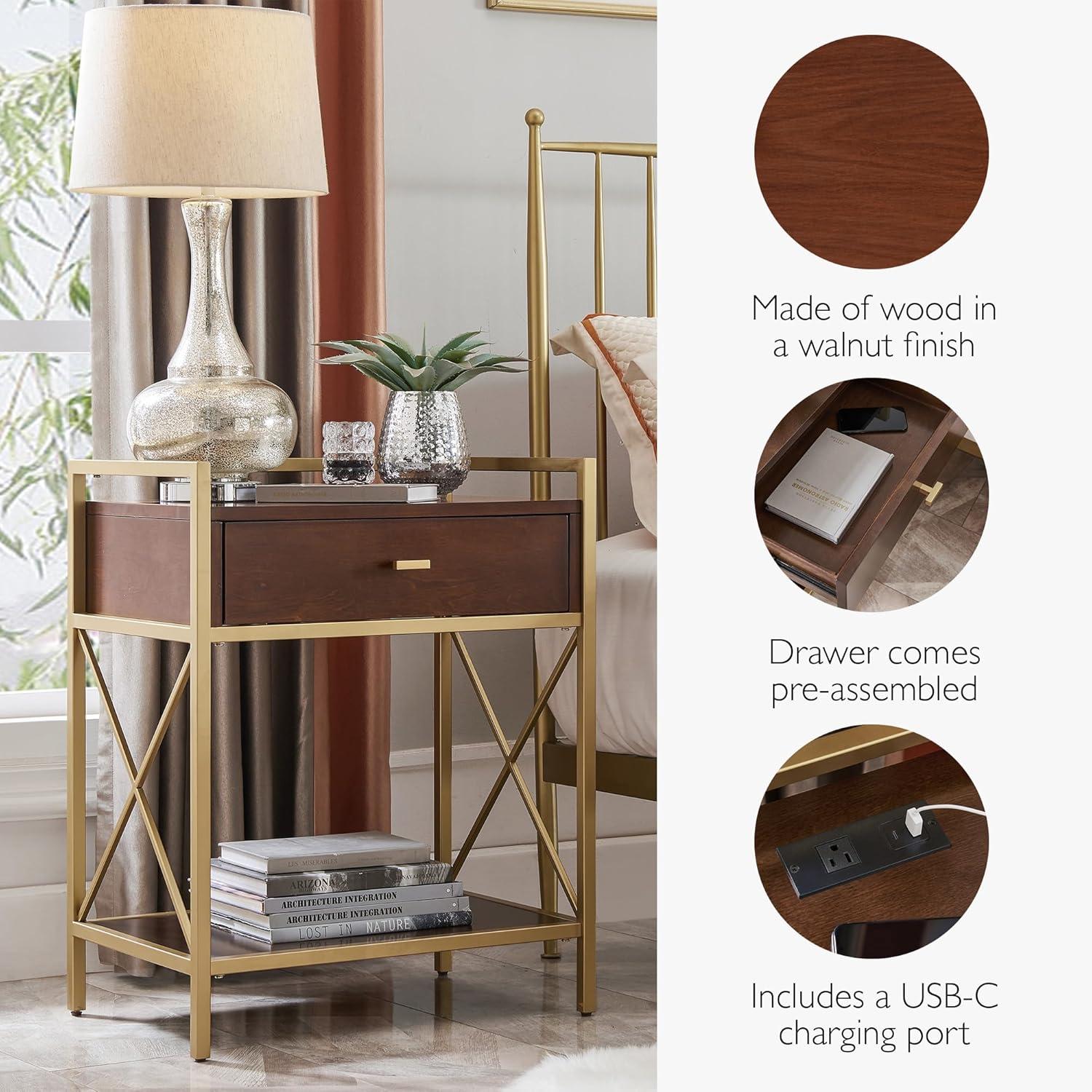 imageLeick Home 24022 Beckett Nightstand Side Table One Drawer Rustic USBC Fast Charging Station AC and USB Charging Port Integrated Durable Solid Wood Living Room Bedroom Office AnthracitePewterWalnut