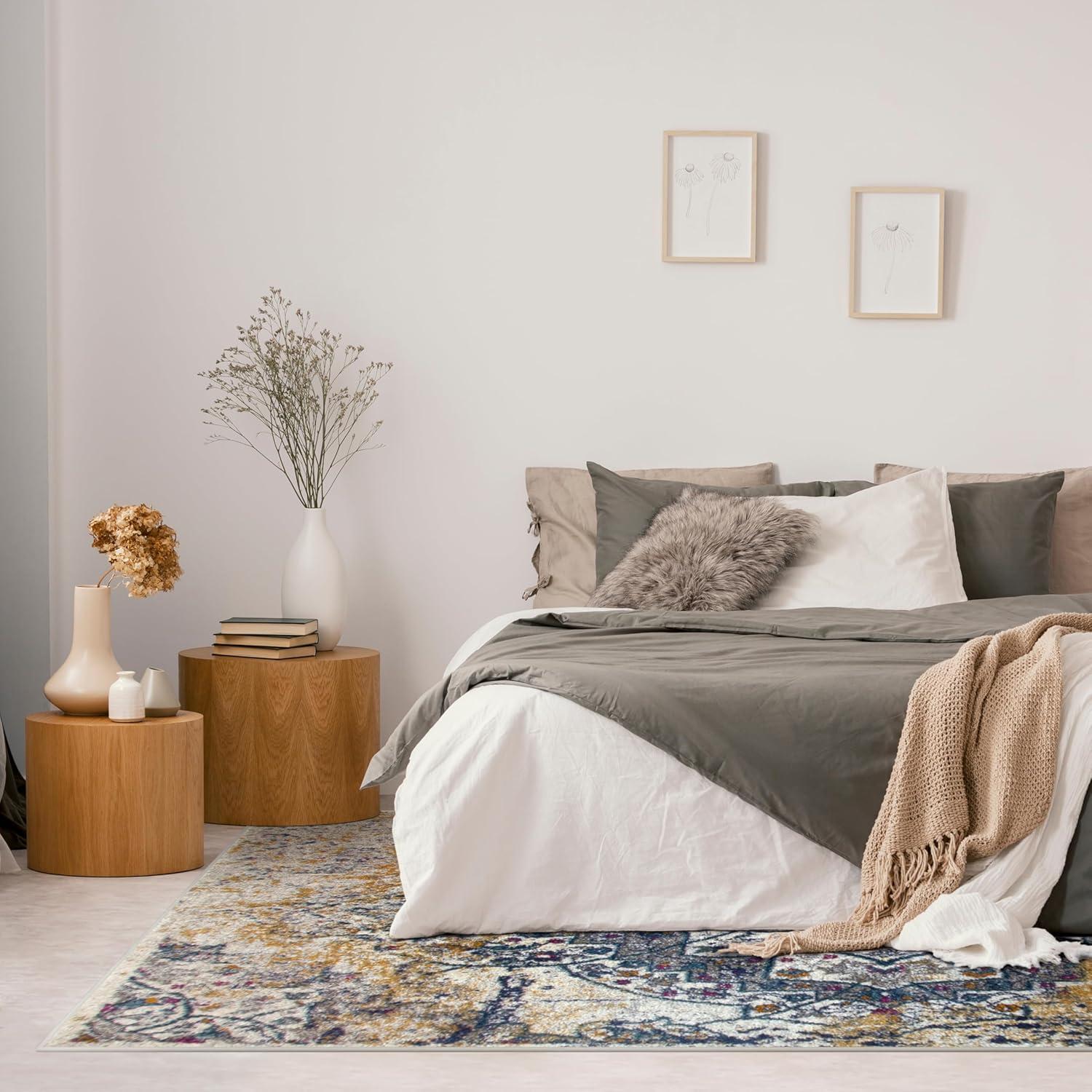 imageLeick Home 596460 Vienne Vintage Faded Turkish Medallion Ivory and Navy Living Room Bedroom Area Rug Rectangle 53 x 77