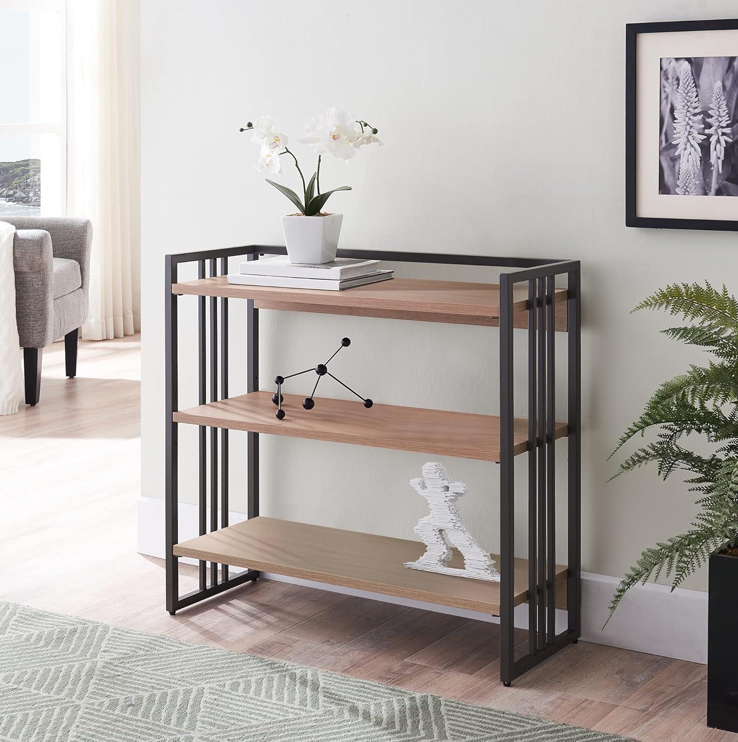 imageLeick Home 70008WOGM Mixed Metal and Wood Slatted Bookshelf White OakGunmetal Gray