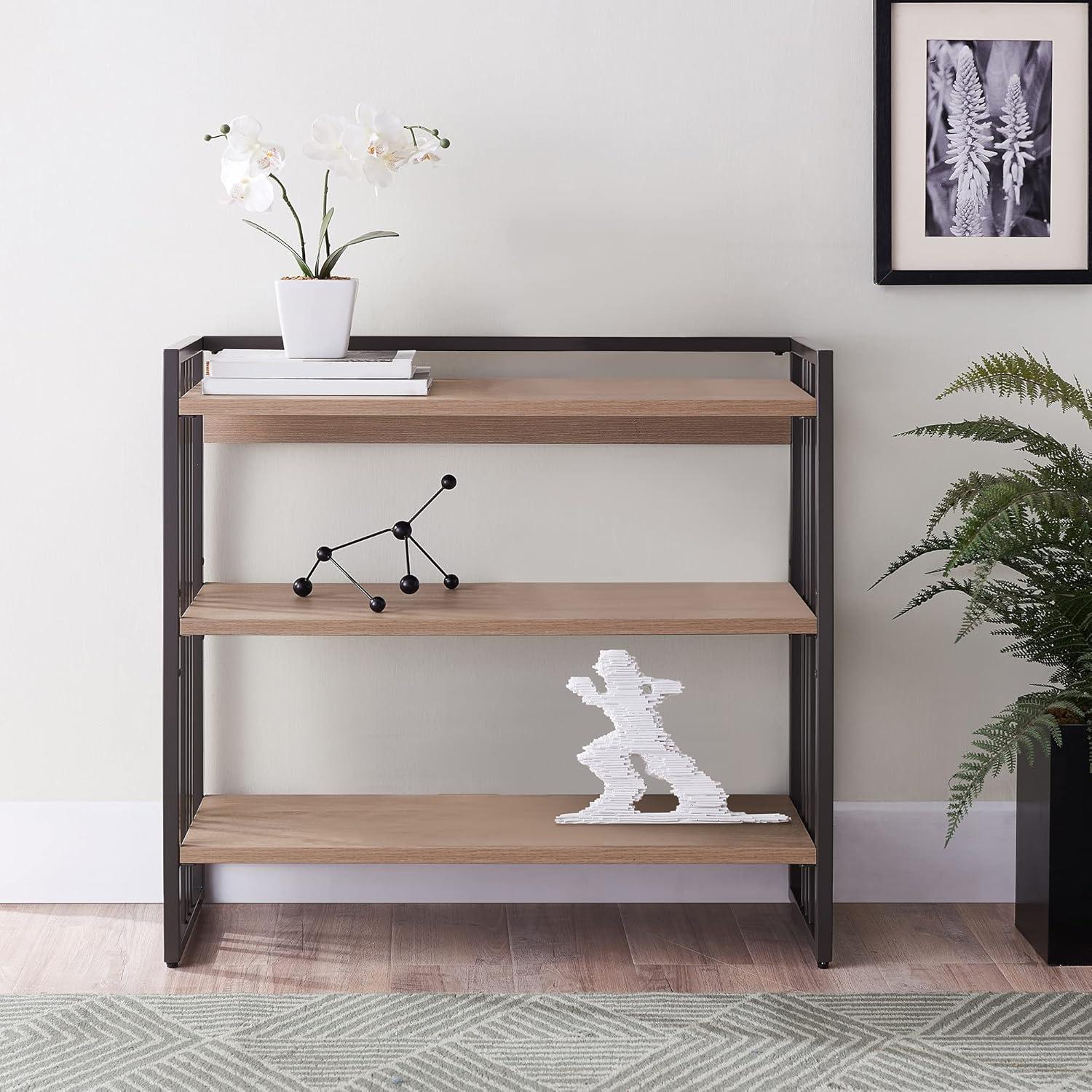 imageLeick Home 70008WOGM Mixed Metal and Wood Slatted Bookshelf White OakGunmetal Gray