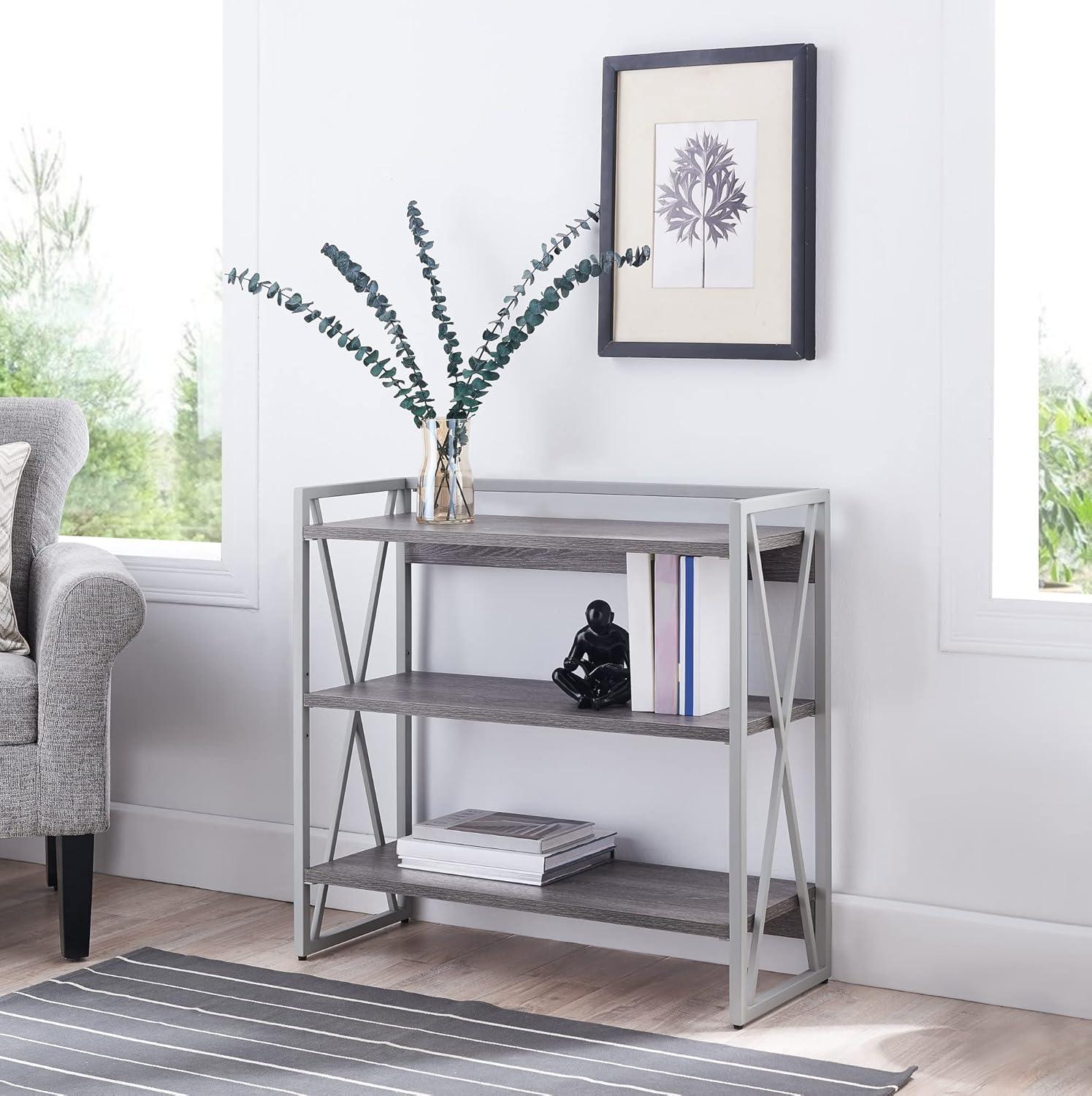 imageLeick Home 70009WWNK Mixed Metal and Wood X Design Bookshelf Weathered WoodNickel