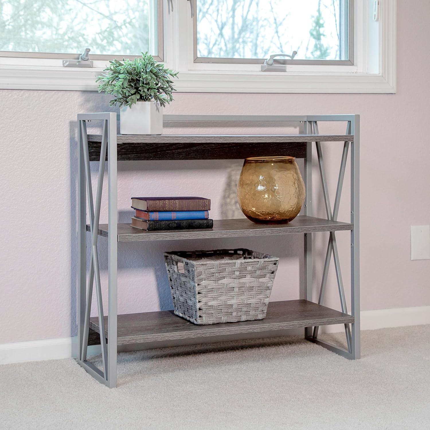 imageLeick Home 70009WWNK Mixed Metal and Wood X Design Bookshelf Weathered WoodNickel