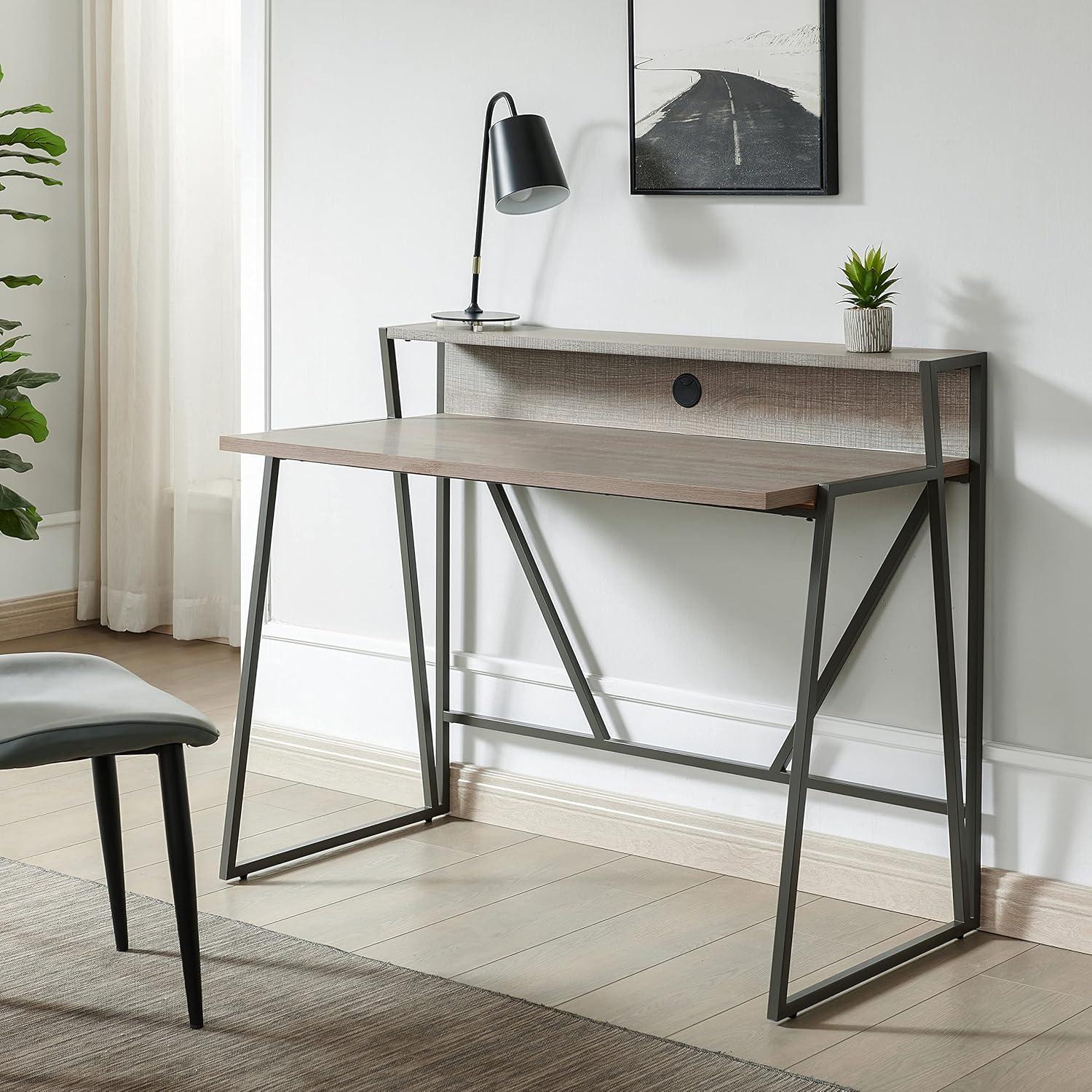 imageLeick Home 70010WWNK Fletcher 44 L x 2375 WD ReadytoAssemble Contemporary SingleShelf Cable Management Writing Desk for Home Office Craft Room Gaming Weathered Wood and Nickel FinishRoughsawn Oak Gunmetal