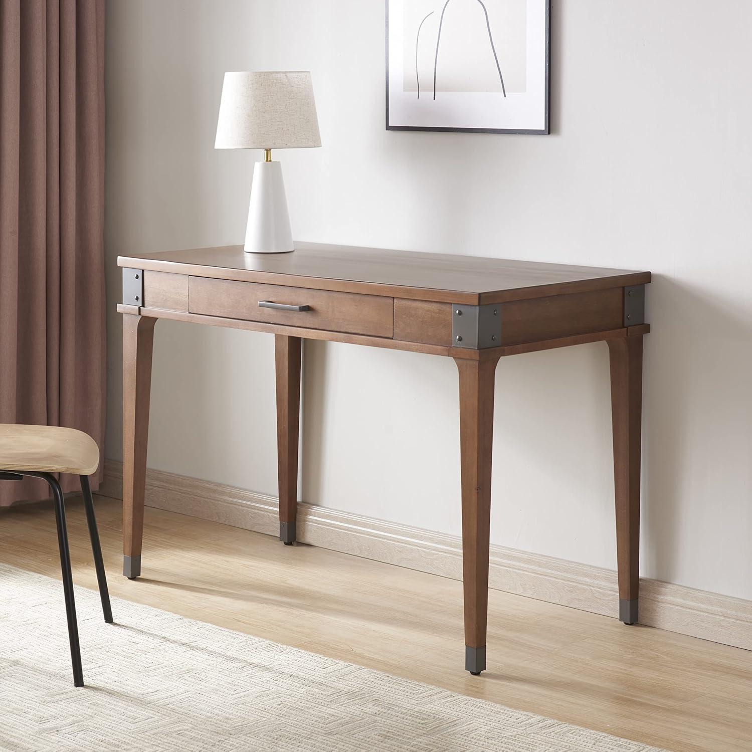 imageLeick Home 83430 Corner ComputerWriting Desk with Center Keyboard Drawer and Shelf Black OakAged BarrelGunmetal