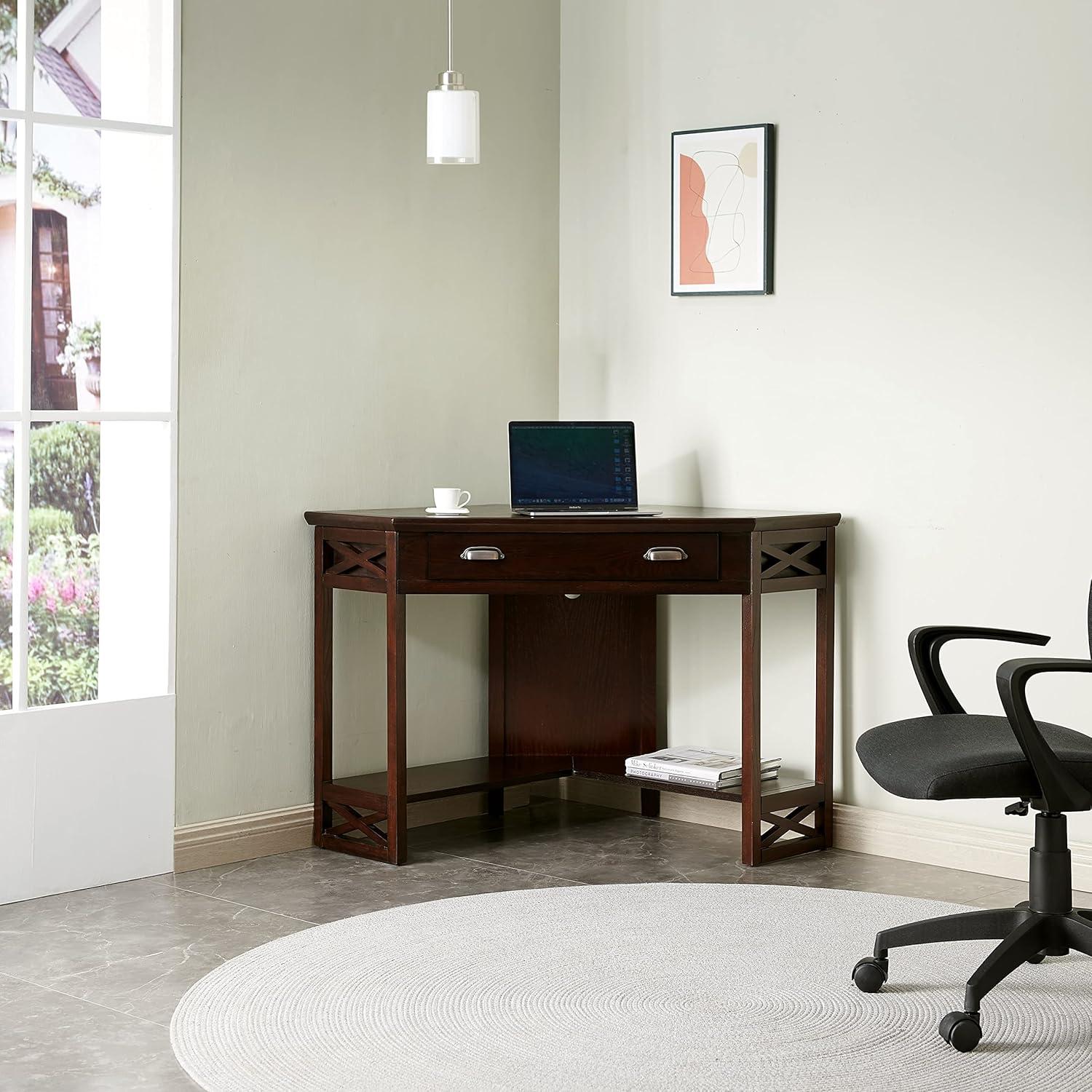 imageLeick Home 83430 Corner ComputerWriting Desk with Center Keyboard Drawer and Shelf Black OakChocolate Oak