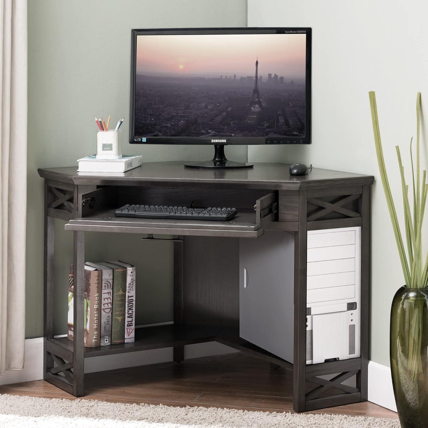 imageLeick Home 83430 Corner ComputerWriting Desk with Center Keyboard Drawer and Shelf Black OakSmoke Gray