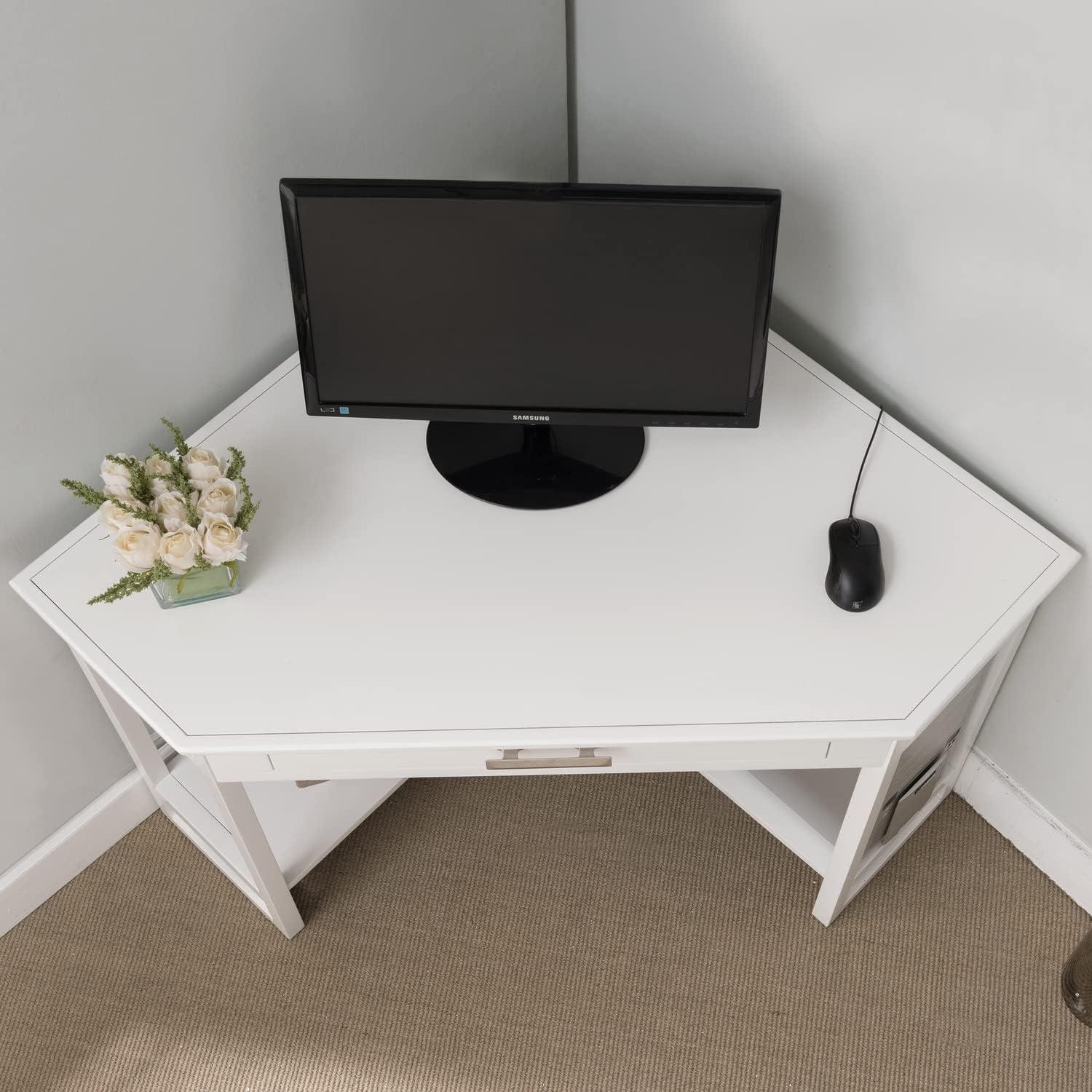imageLeick Home 83430 Corner ComputerWriting Desk with Center Keyboard Drawer and Shelf Black OakWhiteBrushed Nickel
