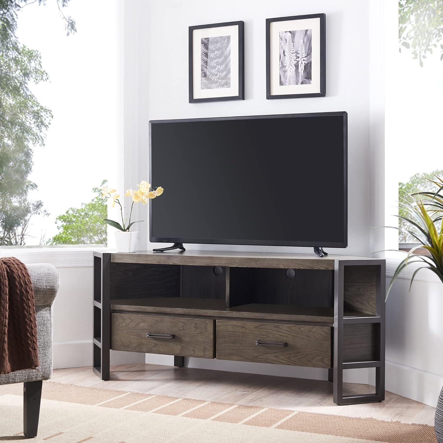 imageLeick Home 84389 Ender Mixed Metal and Wood Corner TV Stand for 60 TVs Smoke and Gunmetal Gray