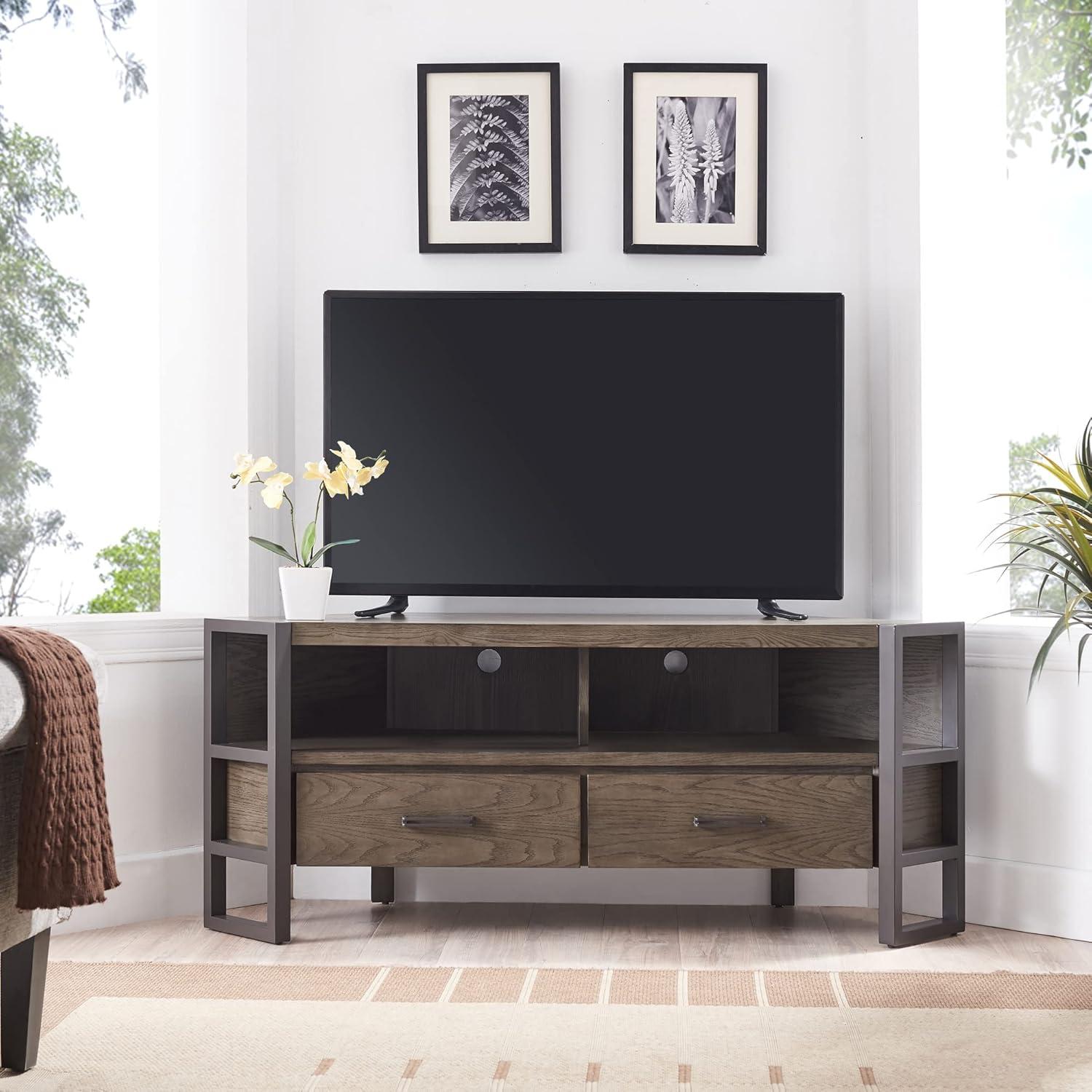 imageLeick Home 84389 Ender Mixed Metal and Wood Corner TV Stand for 60 TVs Smoke and Gunmetal Gray
