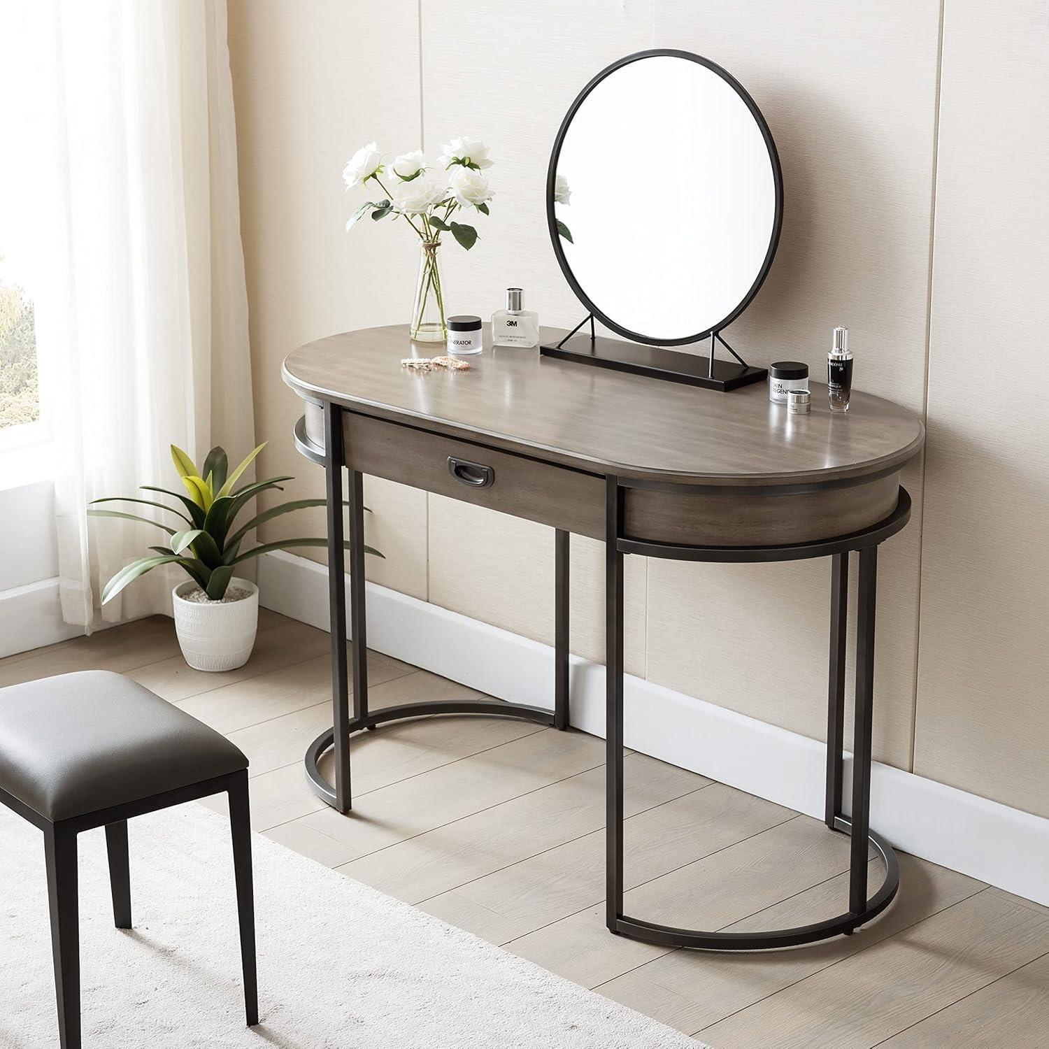 imageLeick Home 84405 Oval Metal Leg DeskVanity with Drop Front Keyboard Drawer Smoke Gray and GunmetalSmoke GraywashGunmetal Gray