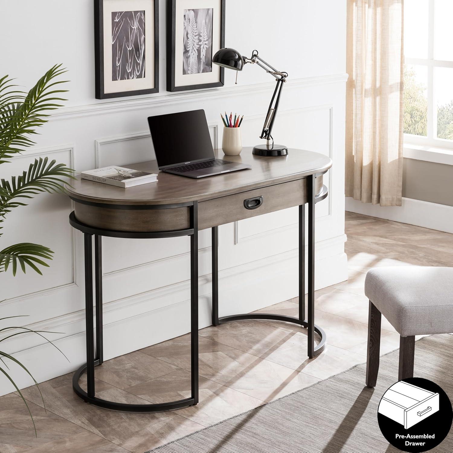 imageLeick Home 84405 Oval Metal Leg DeskVanity with Drop Front Keyboard Drawer Smoke Gray and GunmetalSmoke GraywashGunmetal Gray