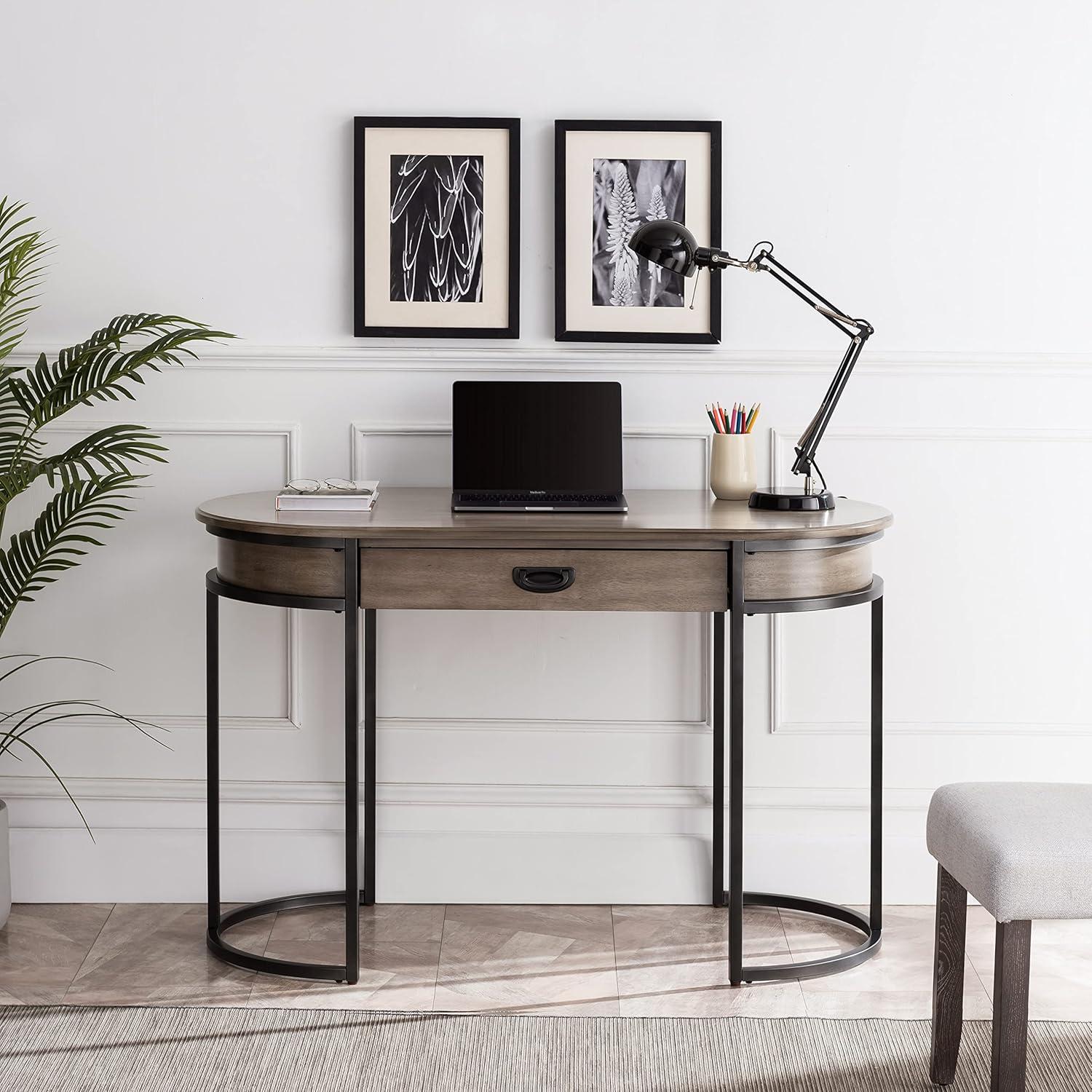 imageLeick Home 84405 Oval Metal Leg DeskVanity with Drop Front Keyboard Drawer Smoke Gray and GunmetalSmoke GraywashGunmetal Gray