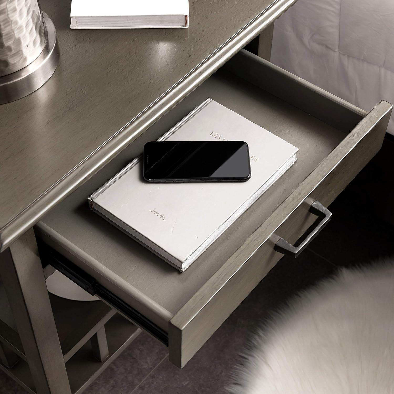 imageLeick Home 9070GR One Drawer Nightstand Side Table Lower Basket Shelf Traditional USBC Fast Charging AC USB Charging Port Integrated Durable Solid Wood Living Room Bedroom Office Smoke Gray Wash