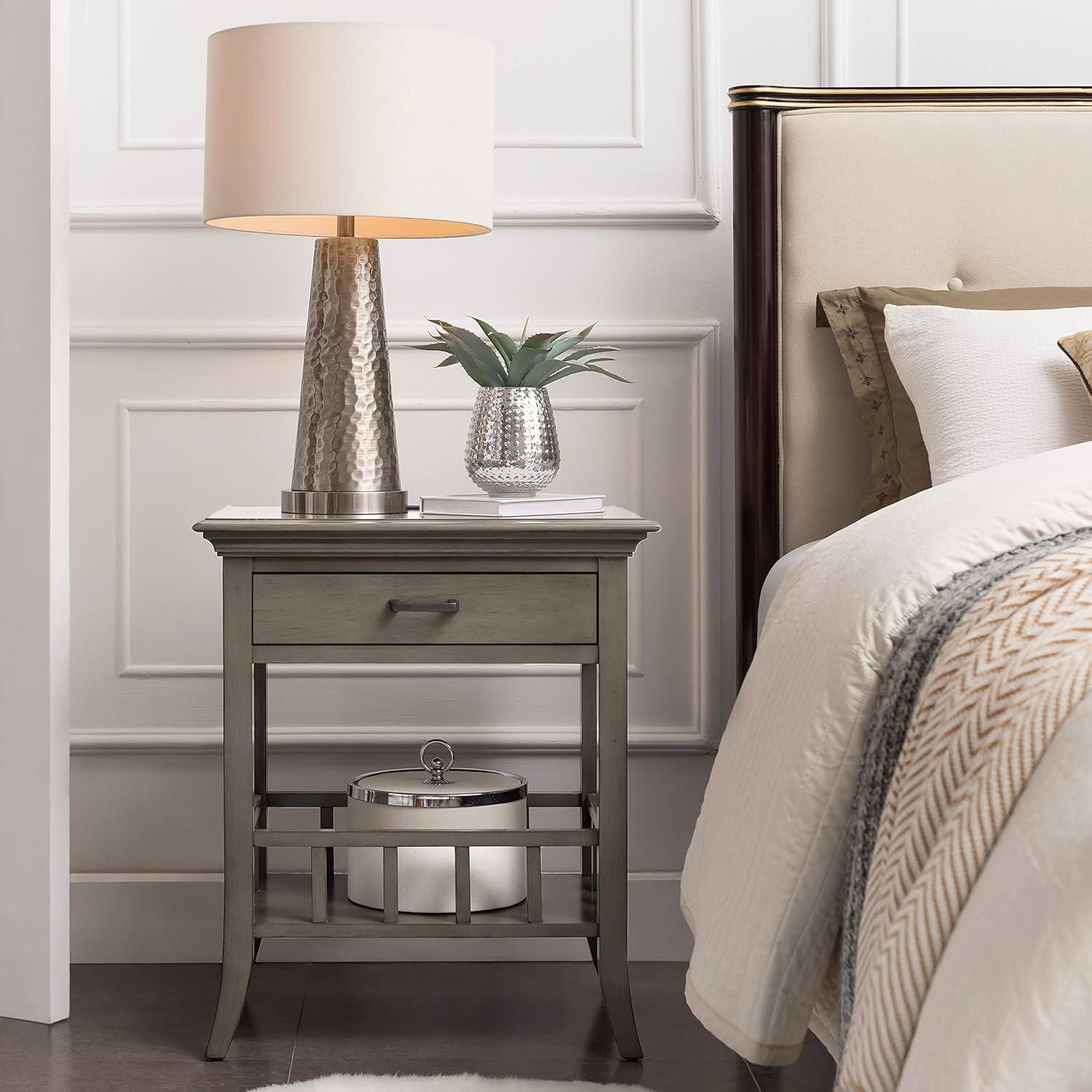 imageLeick Home 9070GR One Drawer Nightstand Side Table Lower Basket Shelf Traditional USBC Fast Charging AC USB Charging Port Integrated Durable Solid Wood Living Room Bedroom Office Smoke Gray Wash