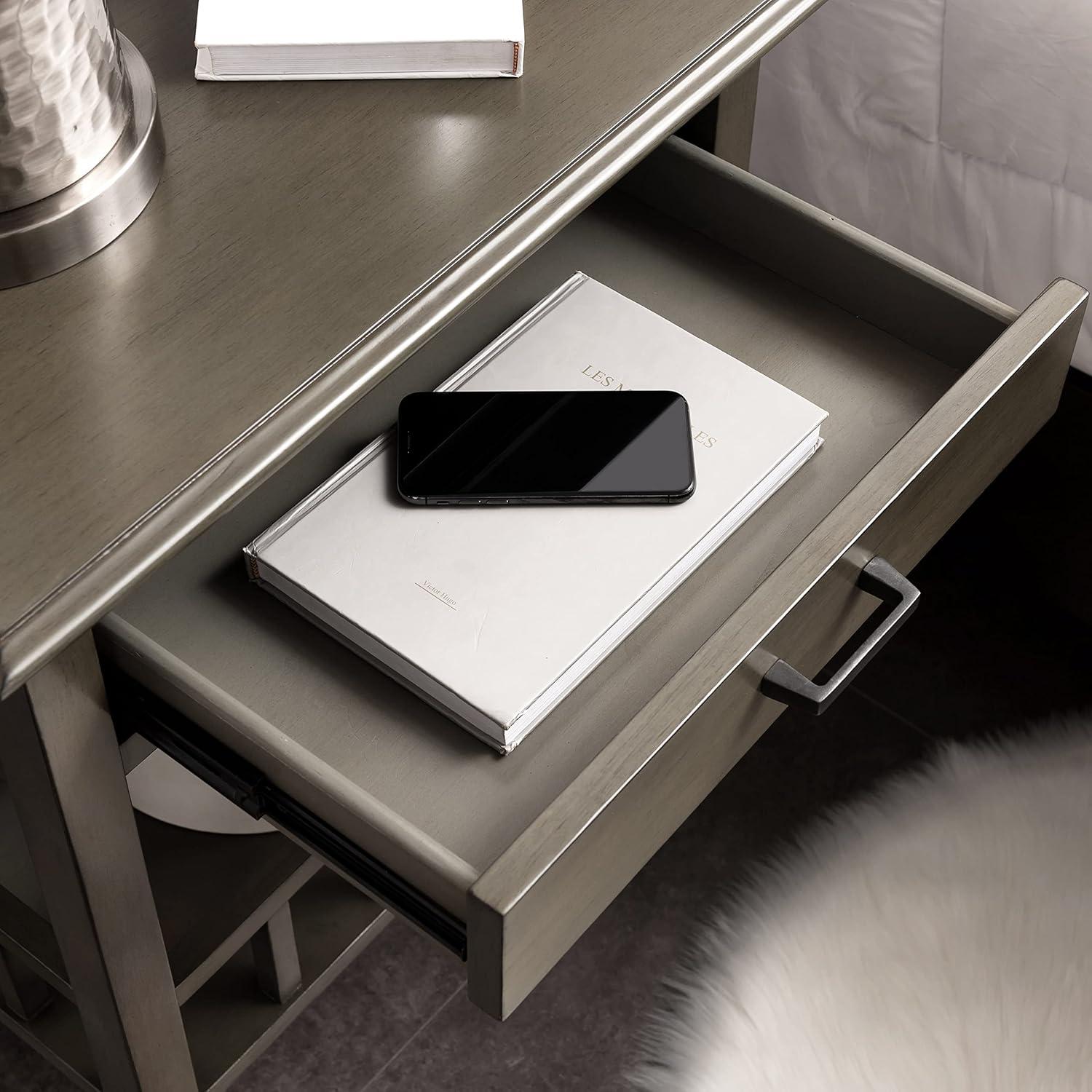 imageLeick Home 9070GR One Drawer Nightstand Side Table Lower Basket Shelf Traditional USBC Fast Charging AC USB Charging Port Integrated Durable Solid Wood Living Room Bedroom Office Smoke Gray Wash