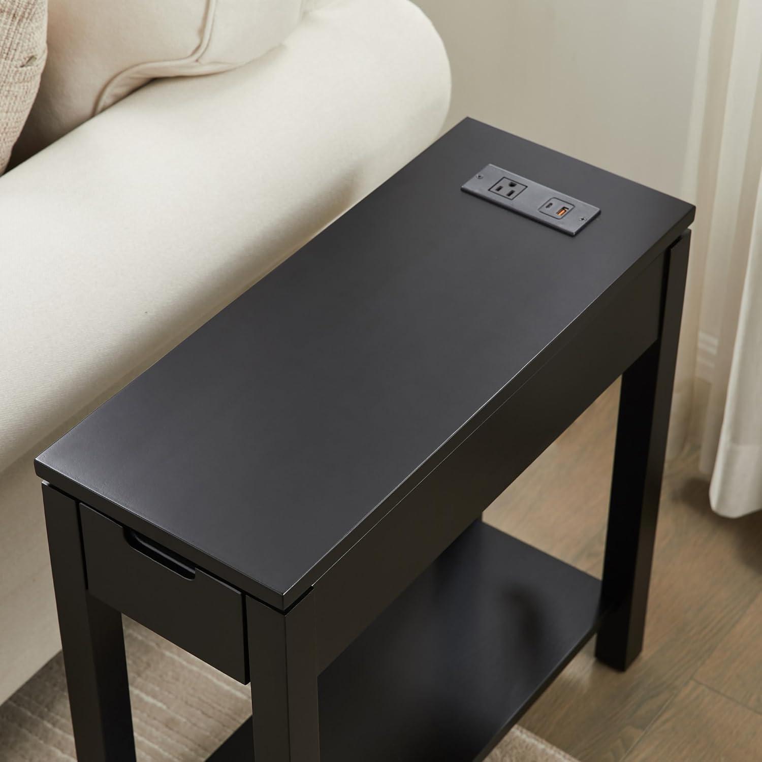 imageLeick Home 9080BLK Cade Wood Side Table with USBC Fast Charging Station ACUSB Charger and Drawer BlackBlack