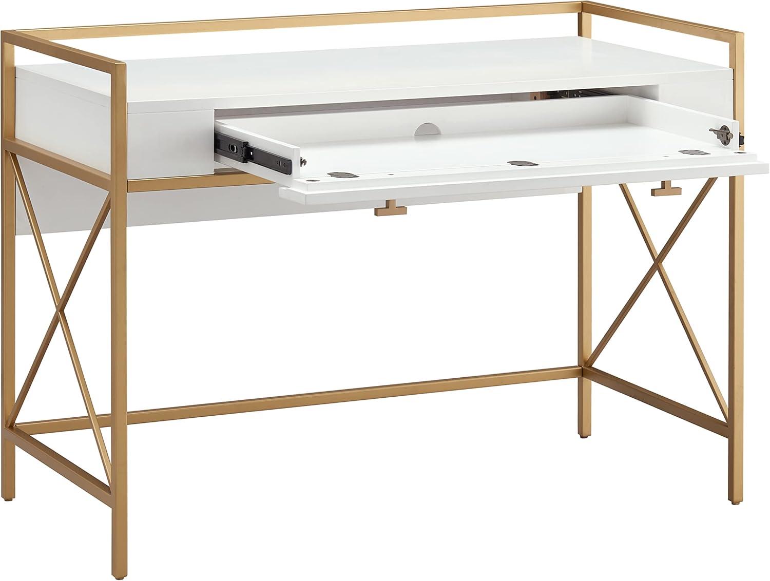 imageLeick Home 9240WTGL Claudette Mixed Metal and Wood Flat Wall Computer Office Writing Desk with Drop Front Keyboard Drawer WhiteSatin Gold