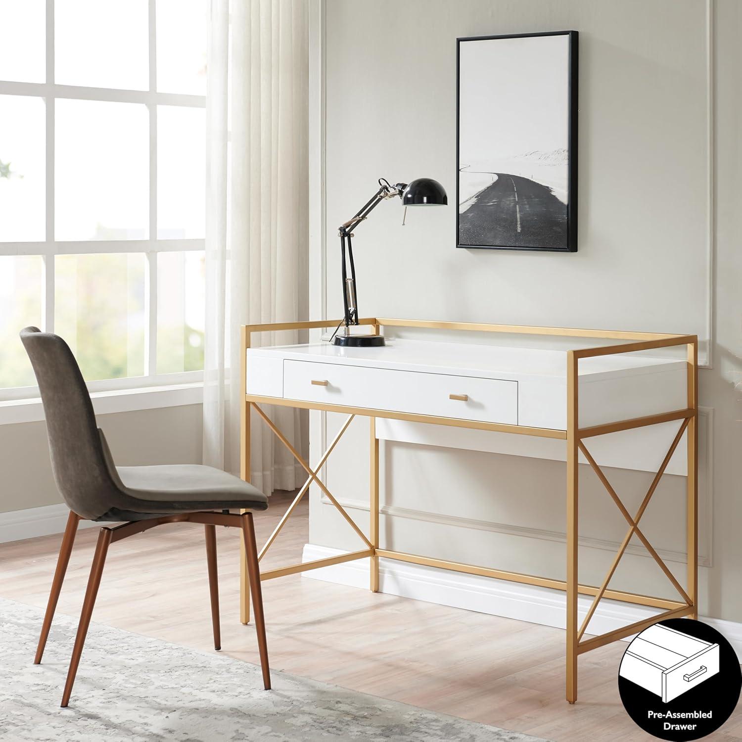 imageLeick Home 9240WTGL Claudette Mixed Metal and Wood Flat Wall Computer Office Writing Desk with Drop Front Keyboard Drawer WhiteSatin Gold
