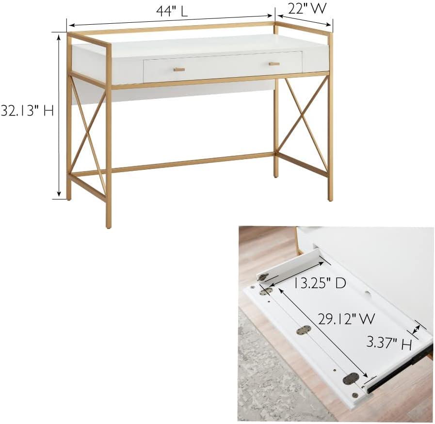imageLeick Home 9240WTGL Claudette Mixed Metal and Wood Flat Wall Computer Office Writing Desk with Drop Front Keyboard Drawer WhiteSatin Gold