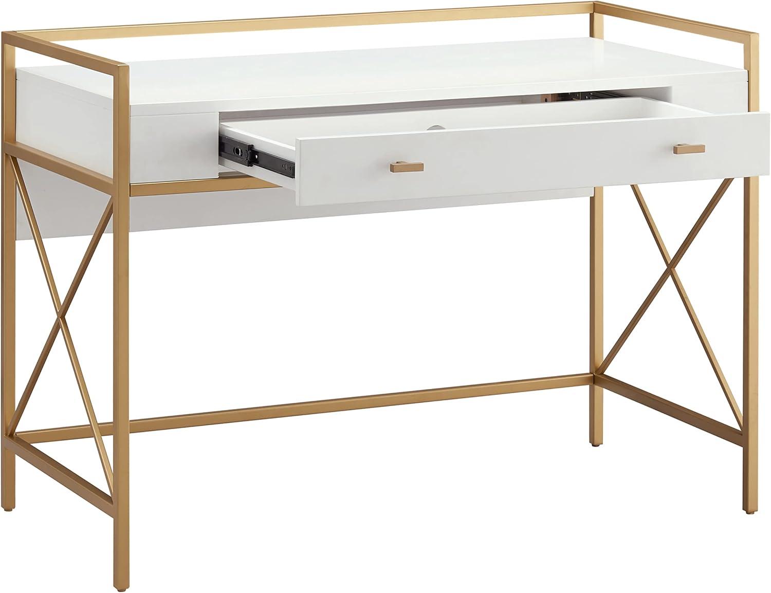 imageLeick Home 9240WTGL Claudette Mixed Metal and Wood Flat Wall Computer Office Writing Desk with Drop Front Keyboard Drawer WhiteSatin Gold