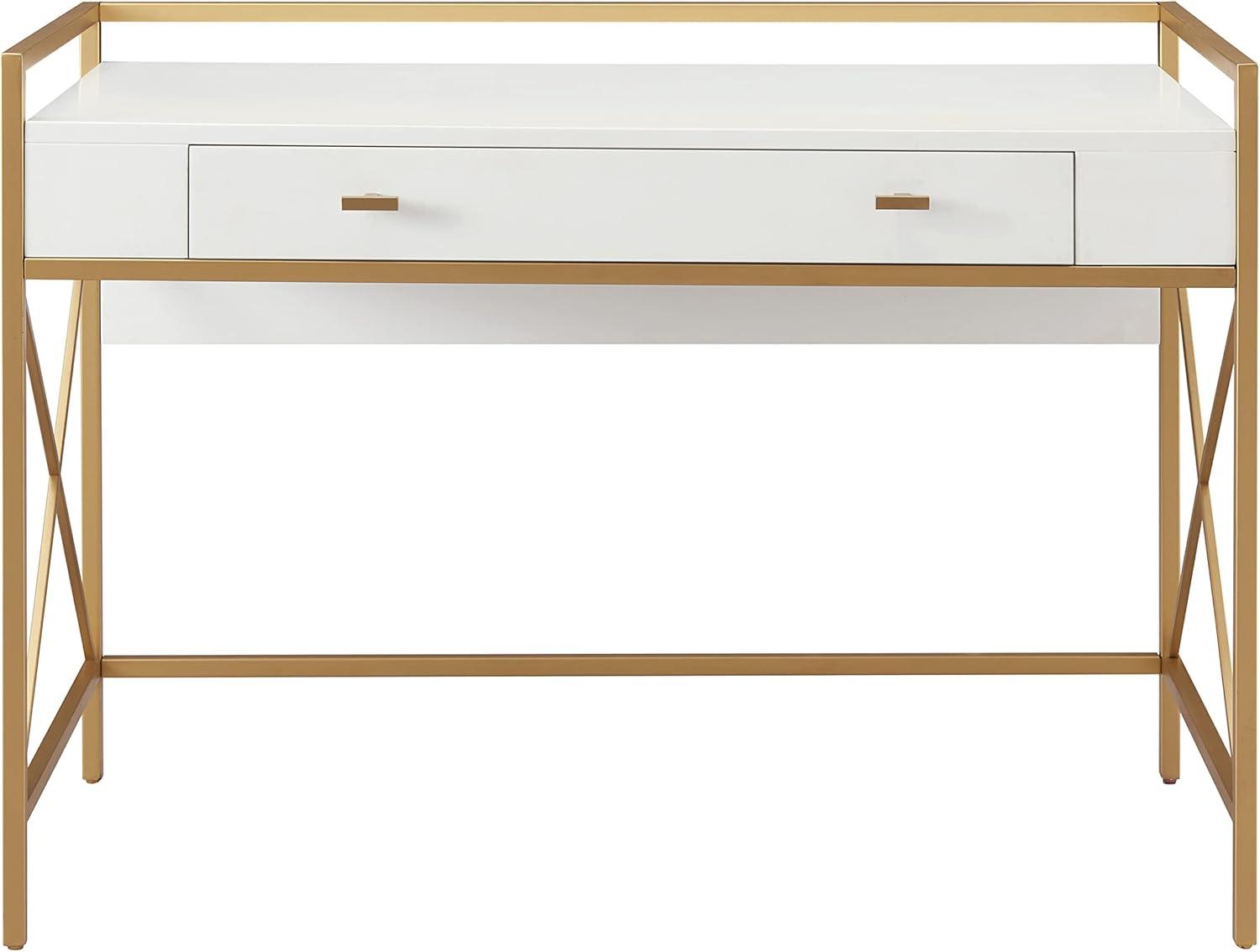 imageLeick Home 9240WTGL Claudette Mixed Metal and Wood Flat Wall Computer Office Writing Desk with Drop Front Keyboard Drawer WhiteSatin Gold
