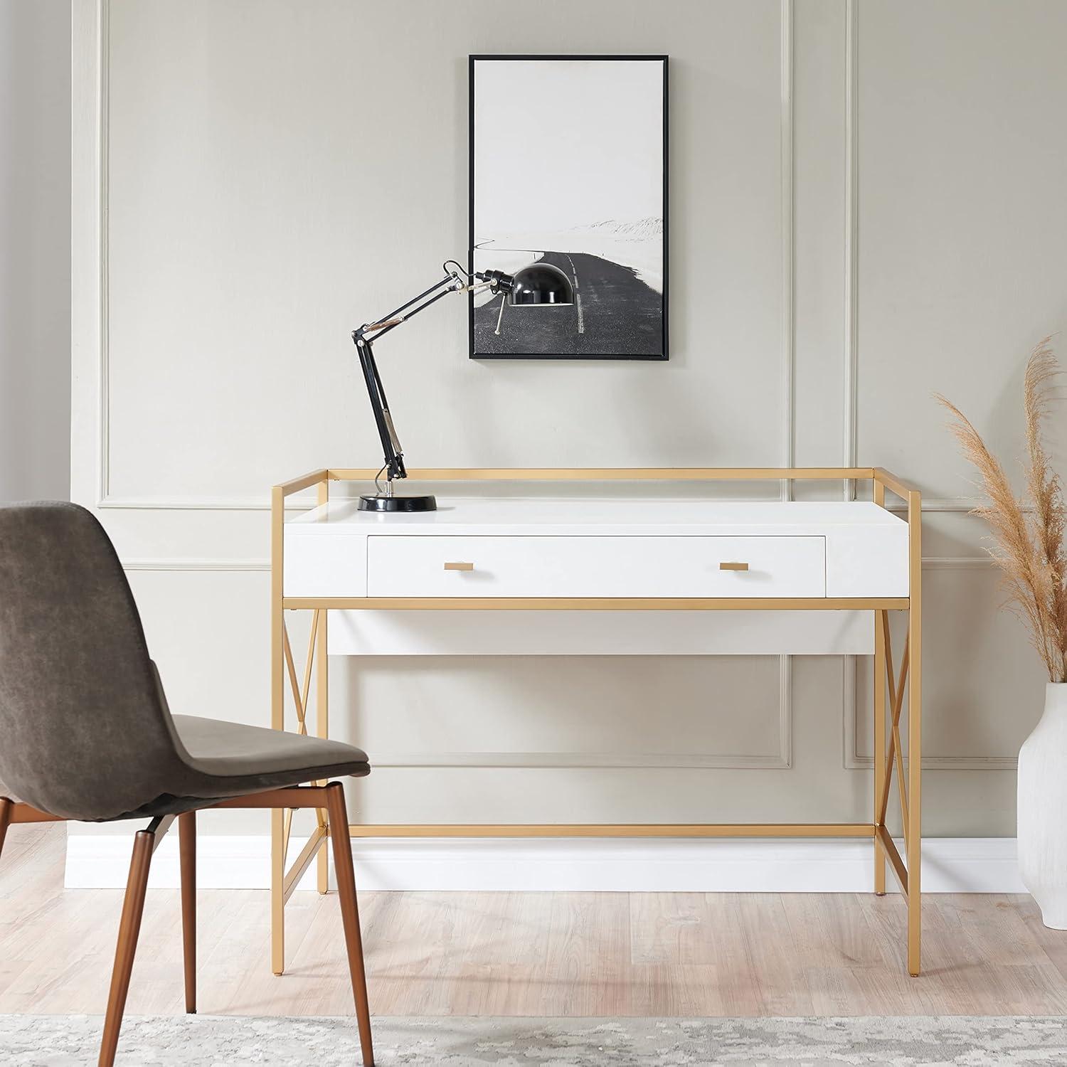 imageLeick Home 9240WTGL Claudette Mixed Metal and Wood Flat Wall Computer Office Writing Desk with Drop Front Keyboard Drawer WhiteSatin Gold